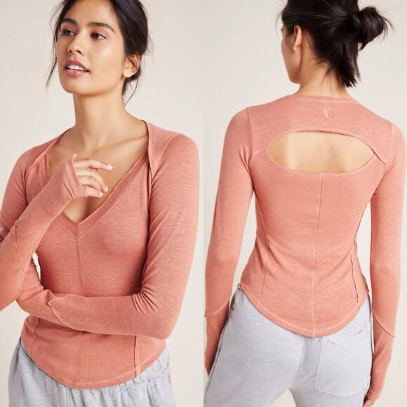 FP Movement Free People Affinity Technolinen Back Cut Out Long Sleeve Tee Orange - Picture 1 of 13